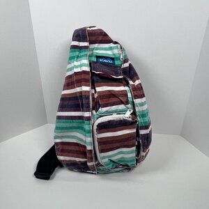 Kavu Brown Green Stripes Canvas Rope Sling Bag‎ Backpack Large Hiking Outdoor